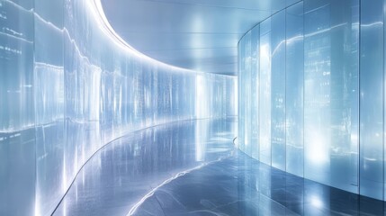 Futuristic corridor with glowing walls and reflective floor creating an immersive atmosphere in a modern architectural space