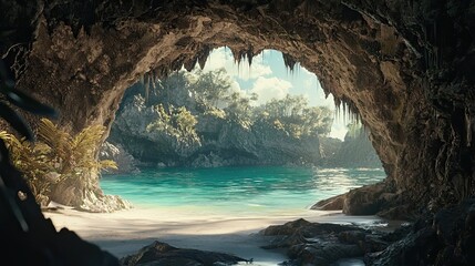 Hidden tropical beach seen from inside a cave, with turquoise water and lush cliffs bathed in sunlight. A paradise-like coastal escape. Generative AI.