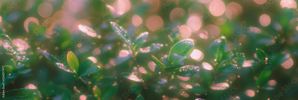 Poster sparkling bokeh texture creates a gentle glow over green foliage in soft lighting