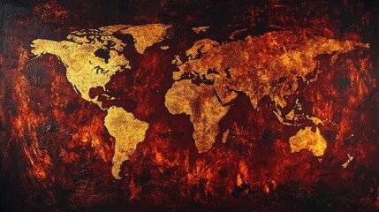 World map art with golden continents set against a fiery background in a modern abstract style