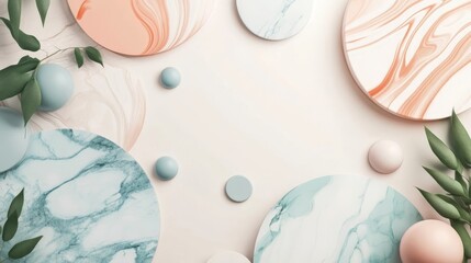 Decorative arrangement of marble-patterned shapes and greenery on a light background for modern art inspiration