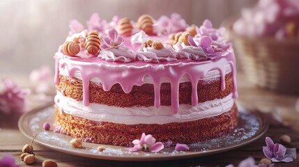 Pink Cream Honey Cake on Table