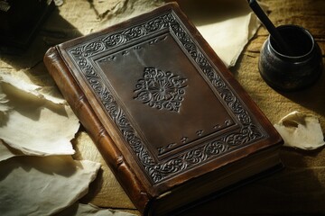 Fototapeta premium Antique leather-bound book with elaborate carvings, quill and inkwell on wooden desk.