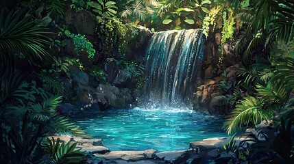 Enchanting jungle waterfall cascading into a crystal-clear turquoise pool, surrounded by lush green foliage. A peaceful and untouched natural paradise. Generative AI.