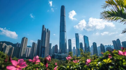 Naklejka premium Skyscraper Surrounded by Flowers in Urban Landscape