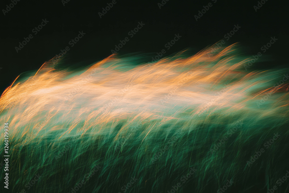 Poster texture of fine blades of green grass illuminated by soft light against a dark background