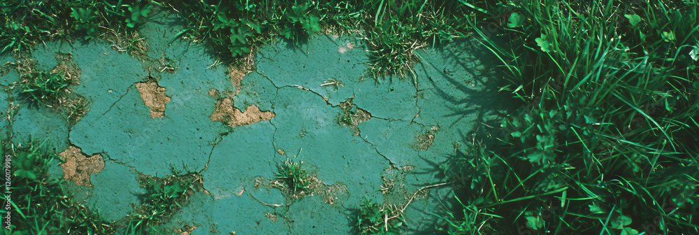 Poster short patchy grass with bare spots shows uneven surface and dry texture from a top view
