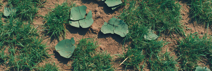 Texture study of short patchy grass with dry areas and uneven surface from a top view perspective