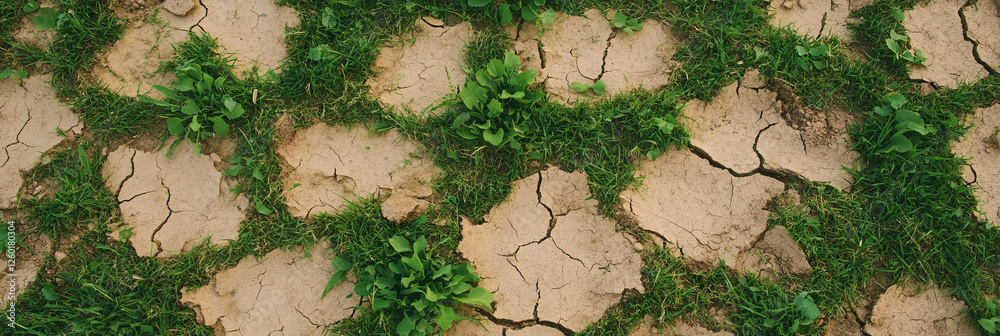 Poster texture of uneven grass with brown and green patches under bright light