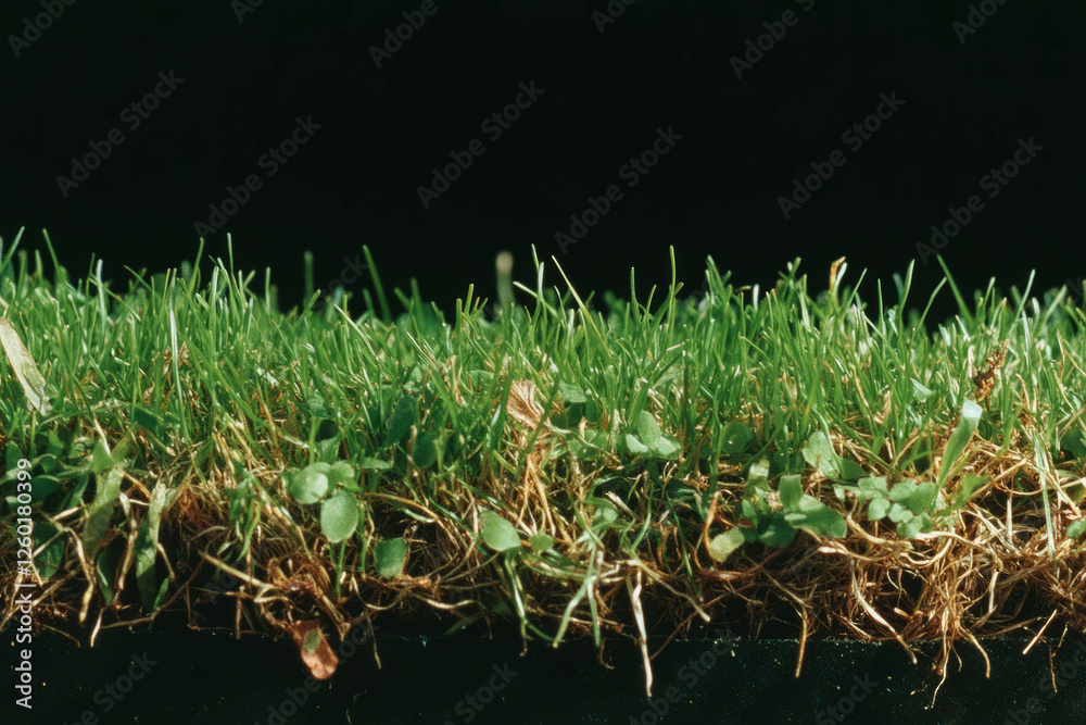 Aufkleber uneven texture of short grass with brown and green patches on a dark background