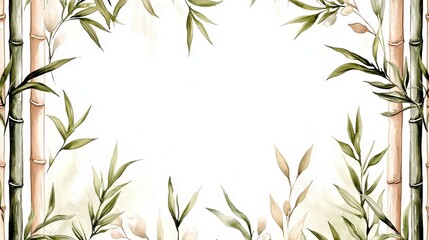 Obraz premium Watercolor Bamboo Frame Border Green Leaves Asian Botanical Illustration Nature Background