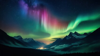 Breathtaking night sky featuring vibrant auroras dancing over majestic mountains, creating a stunning contrast with a starry backdrop. Ideal for nature and travel enthusiasts
