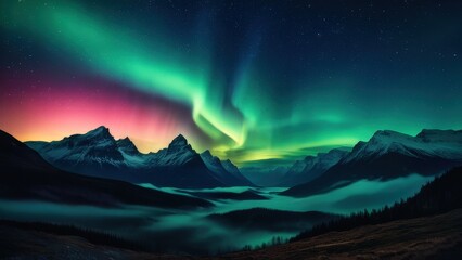 Breathtaking night sky featuring vibrant auroras dancing over majestic mountains, creating a stunning contrast with a starry backdrop. Ideal for nature and travel enthusiasts
