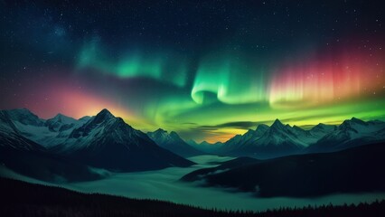 Breathtaking night sky featuring vibrant auroras dancing over majestic mountains, creating a stunning contrast with a starry backdrop. Ideal for nature and travel enthusiasts