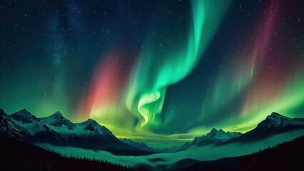 Breathtaking night sky featuring vibrant auroras dancing over majestic mountains, creating a stunning contrast with a starry backdrop. Ideal for nature and travel enthusiasts