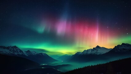 Breathtaking night sky featuring vibrant auroras dancing over majestic mountains, creating a stunning contrast with a starry backdrop. Ideal for nature and travel enthusiasts