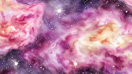 Fototapeta premium Watercolor Galaxy Painting Pink Purple and Orange Nebula with Stars