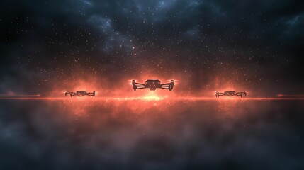 Fototapeta premium Autonomous ai drones attack military base combat zone digital futuristic environment aerial view warfare concept