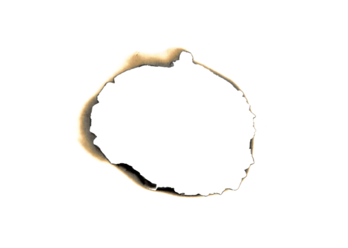 burned hole white paper background texture. Burn in paper with brown edges and flames isolated on transparent background