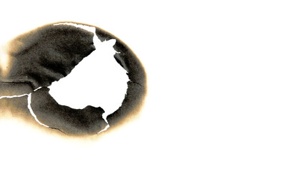 Realistic Burn Hole on Old Brown Paper with Scorched Edges and Torn Center – Isolated on White...