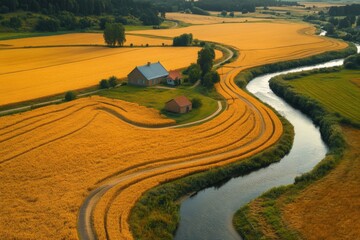 Fototapeta premium Aerial panorama of golden wheat fields, a meandering river, and quaint little houses.