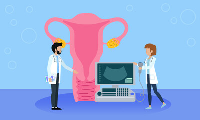 Doctors examining female reproductive system with ultrasound machine
