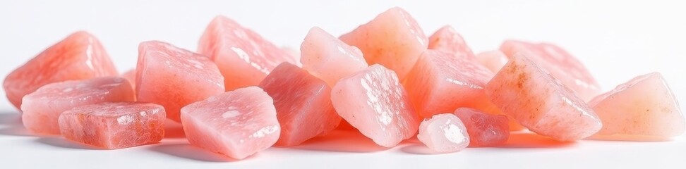 Close-up of pink Himalayan salt crystals, pure white backdrop, rock, texture, pink