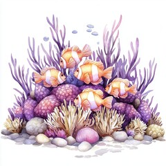 Vibrant Watercolor Painting of Clownfish in a Coral Reef Ecosystem