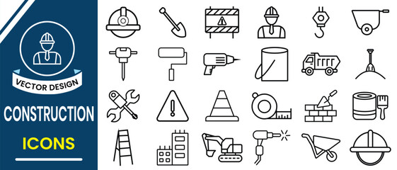 Construction business line icon set. Construction vector outline icons set. Construction tools,  helmet, worker. Vector illustration.