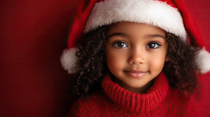 portrait of a cute african american little girl in santa hat on red background