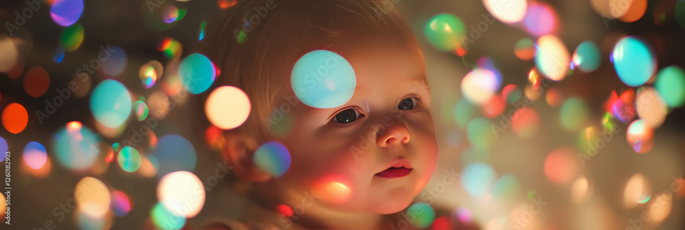 Poster Bokeh lights create enchanting ambiance around a curious baby exploring a magical atmosphere