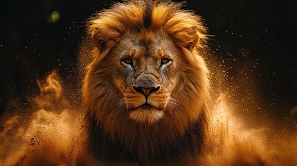 portrait of a lion in a cloud of dust on a dark background