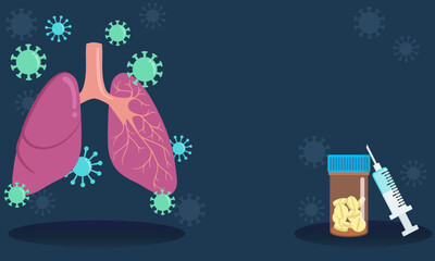 Lungs infected by viruses with vaccine and pills for respiratory disease treatment