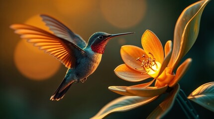 Obraz premium Graceful Hummingbird Hovering Near a Vibrant Flower