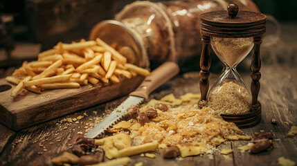 Time is Running Out: Crispy French fries and breadcrumbs spill from containers onto a rustic wooden surface, next to an hourglass.
