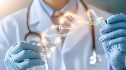 Unlocking the Code of Life: A close-up shot of a doctor's gloved hands holding a glowing DNA helix.