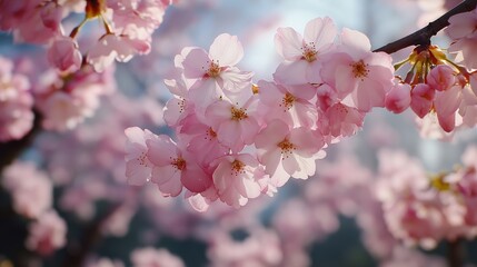 A close-up of delicate cherry blossoms in full bloom, with soft pink petals illuminated by sunlight, creating a dreamy and serene springtime atmosphere