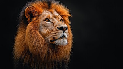 Fototapeta premium portrait of a lion on a dark background wild animal copy space