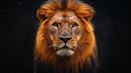 Fototapeta premium portrait of a lion with dust on a black background copy space