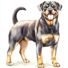 Obraz premium Happy Rottweiler Dog Breed Portrait Watercolor Painting Canine Animal Illustration