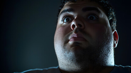 Intense Focus: Close-up portrait of a man's face, illuminated in dramatic fashion, showcasing a look of intense concentration.