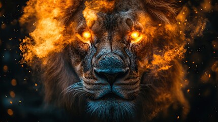 Naklejka premium portrait of a lion with smoke and light