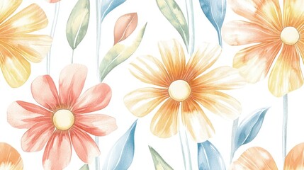Obraz premium Watercolor Floral Seamless Pattern Delicate Peach Yellow and Blue Flowers