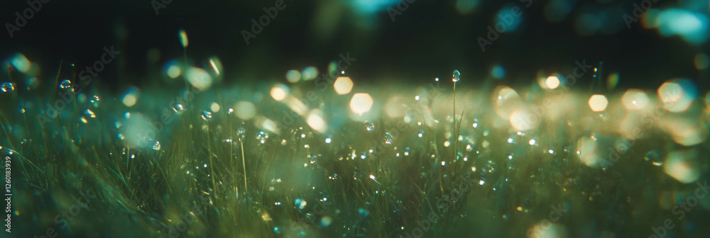 Poster Dynamic bokeh texture of light sparkling on grass with dew droplets at dawn