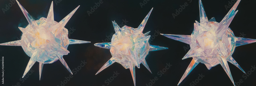 Poster bright star-shaped crystals with sharp points reflecting light in a dark setting