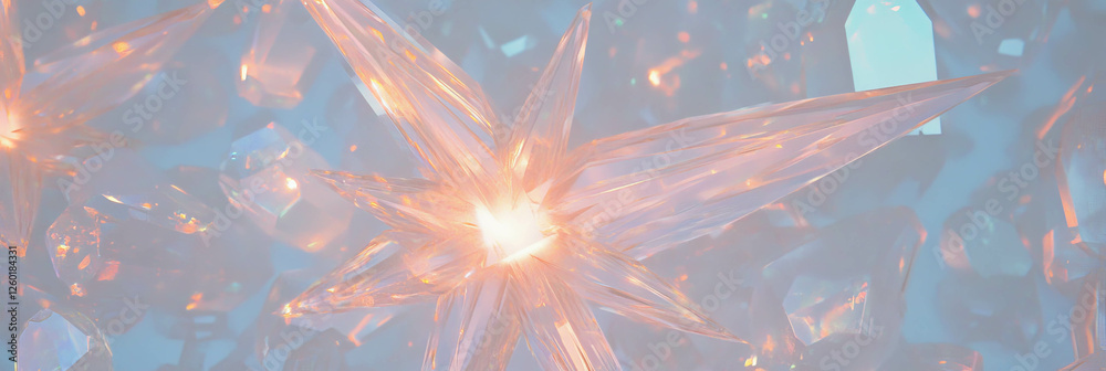 Poster Bright star-shaped crystal flares with sharp points and luminescent core in mesmerizing arrangement