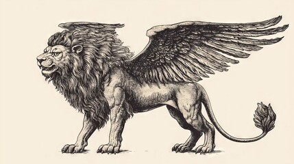Obraz premium Winged lion creature stands majestically with detailed features in an artistic rendering showcasing strength and mythic symbolism