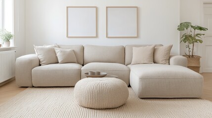 Cozy and Modern Living Room with Spacious Neutral Couch and Decorative Elements in Bright Environment