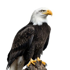 Obraz premium Majestic bald eagle perched on branch, isolated white background; wildlife nature image