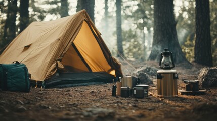 Scene of an organized camping setup with essential gear. Featuring a tent, camping stove, and supplies. Emphasizing the preparation and enjoyment in camping. Ideal for outdoor and adventure imagery.